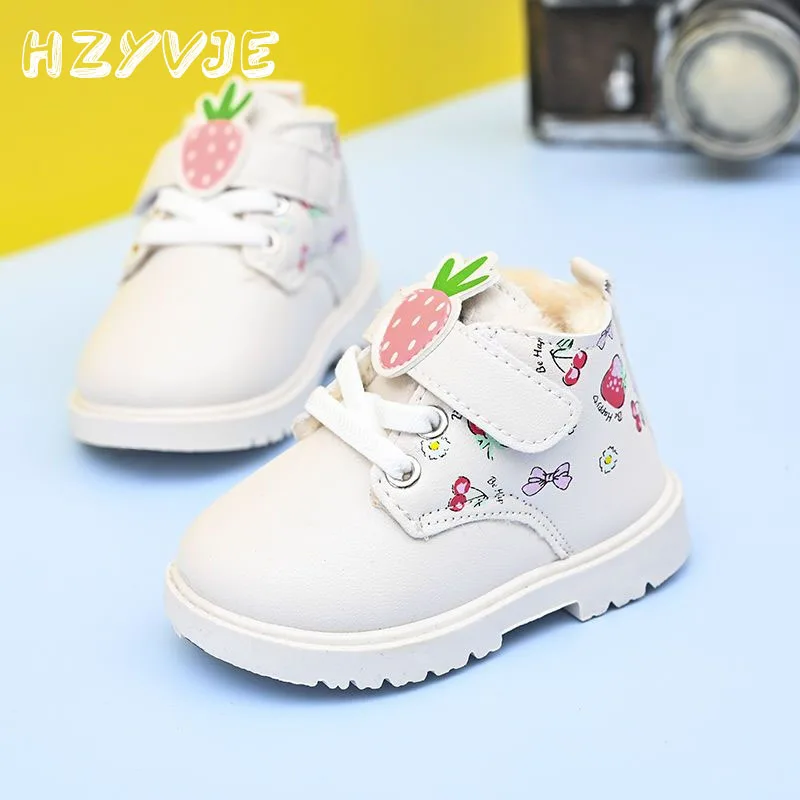 Baby Girl's Fashion Plus Plush Keep Warm PU Leather Shoes Cute Strawberry Print Short Boots Princess Cotton Shoes Snow Boots