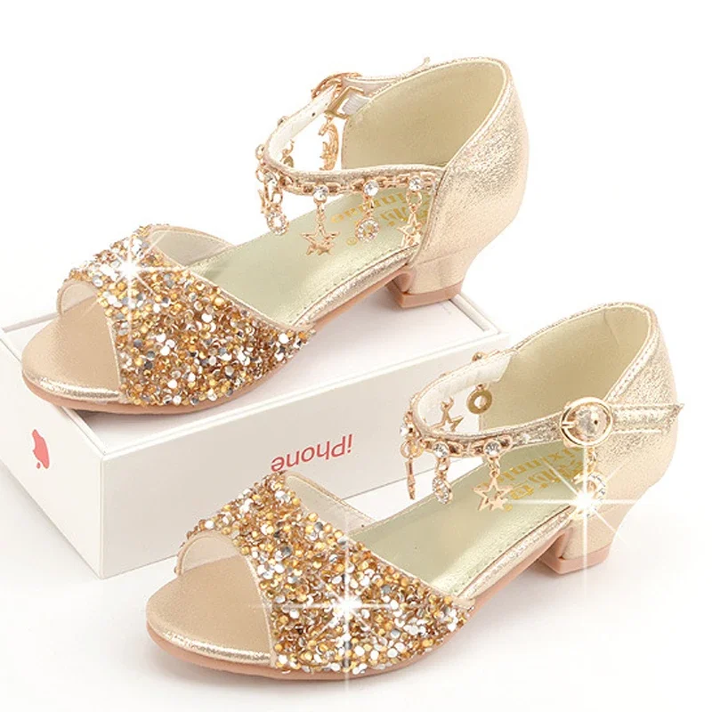 Shiny Bling Tassel Children's Golden Sandals Girl Shoes with Heels