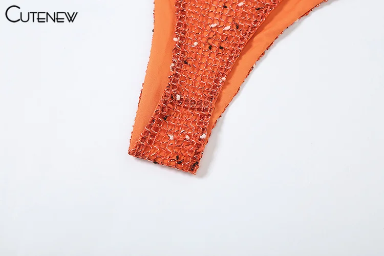 Sequins Shiny 4 Piece Set Women Sexy Halter Bikini+Long Sleeve Crop Tops+Underpants And Mini Skirts Female Midnight Wear