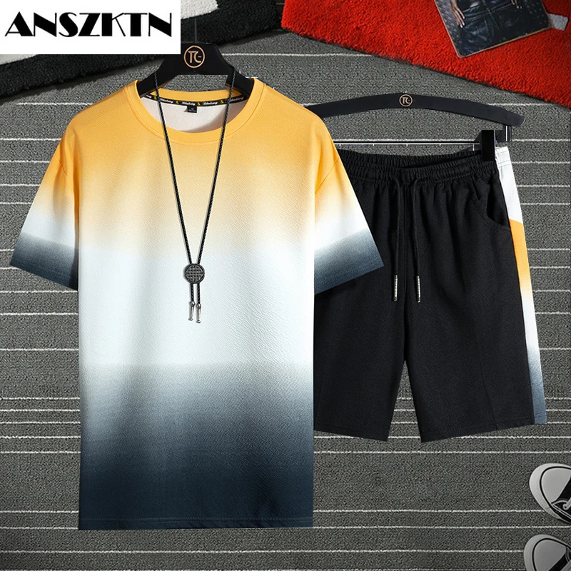 

ANSZKTN Men's Set Sport wear Summer T-Shirt Shorts Casual Custom Tracksuit Plus Size Sport suit Street wear 2 pieces set