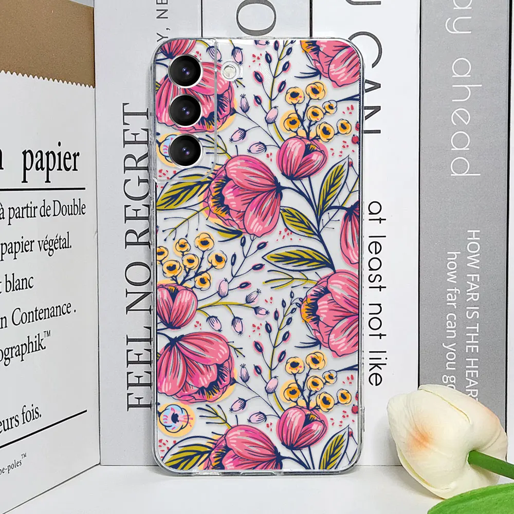 Floral Palm Leaf Painted Transparent Phone Case - Soft Cover with Flower Design