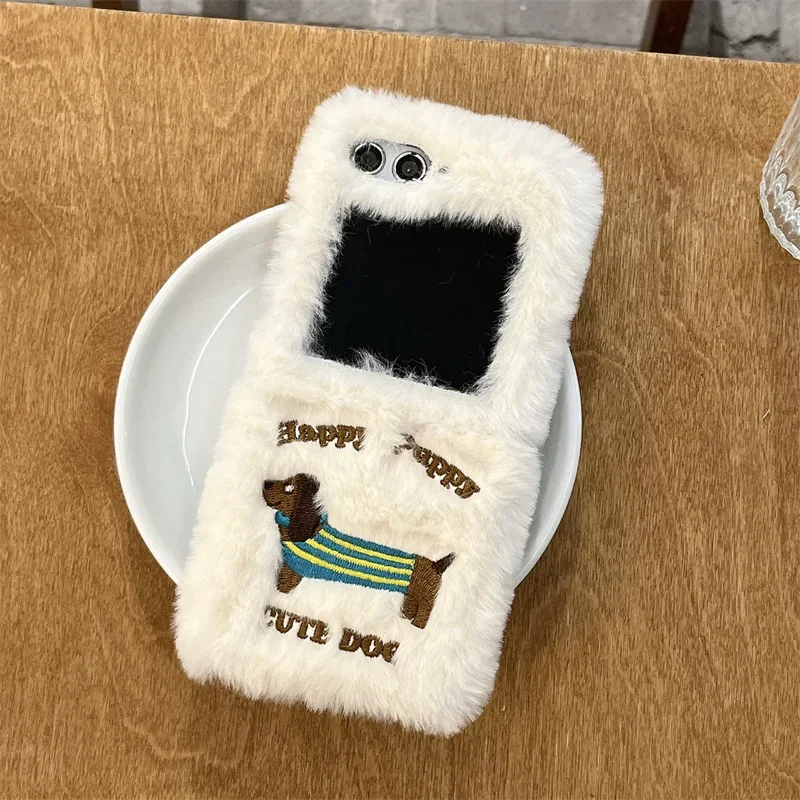 Korean Cute Dachshund Plush Phone Case – Warm Fuzzy Protective Cover