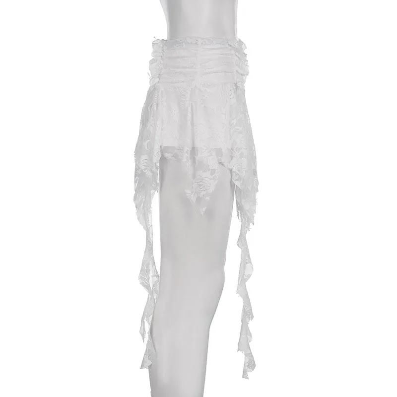 y2k Fairycore Skirt Women Clothing White Low Elastic Waist Irregular Ruffle Hem Skirt 2000s Party Skirts Streetwear