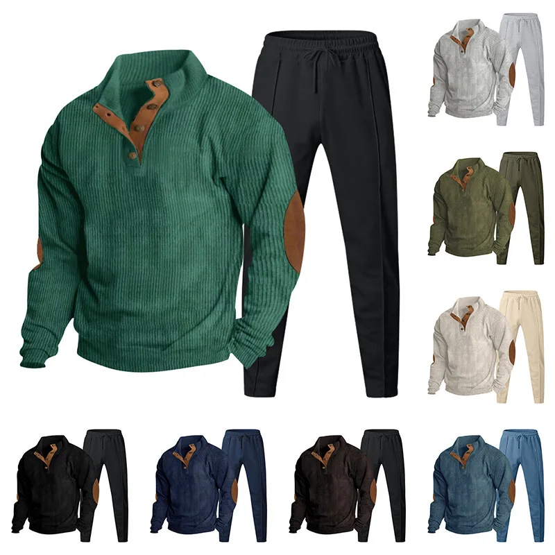 Set Da 2 Pezzi Da Uomo Primavera Autunno Tute Colletto Alla Coreana Polo In Velluto A Coste + Pantaloni Outdoor Casual Suit Molti Colori Cool Man Styl