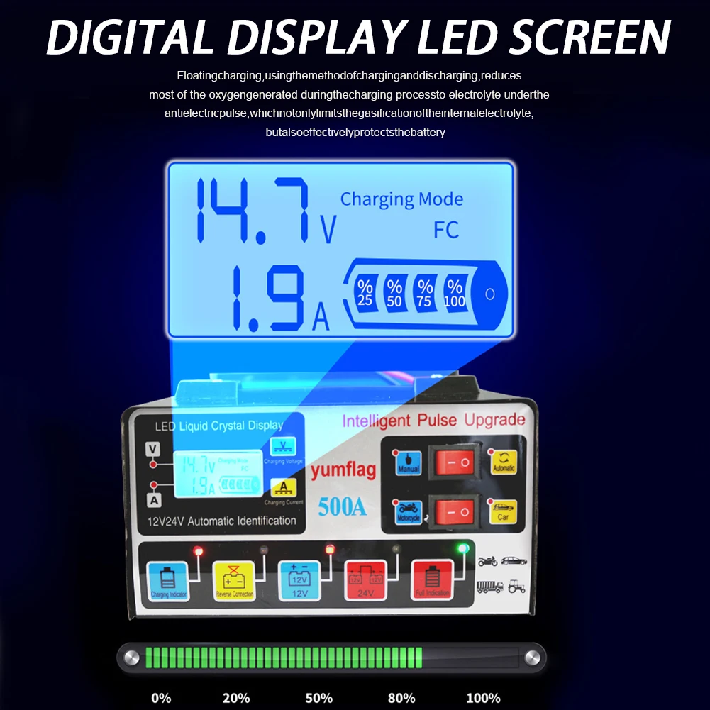 500A Smart Charger LCD Display Moto Battery Charger Car and Motorcycle Battery Charging Unit for Lead-Acid AGM GEL EFB Batteries