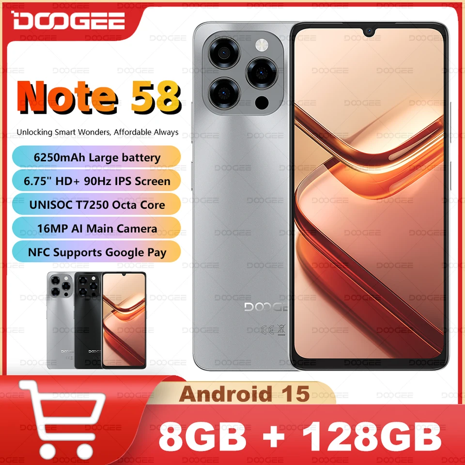 Doogee-Note 58スマートフォン,Android 15,8GB RAM,128GB ROM, 6.75