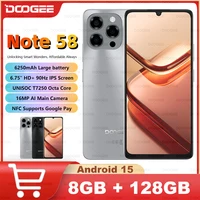 Global Version DOOGEE Note 58 Android 15 Smartphone 8GB RAM+128GB ROM 6.75" HD+ 90Hz IPS Screen 6250mAh Large battery 16MP NFC 1