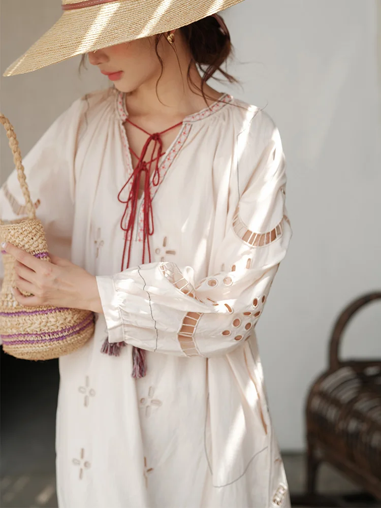 

Bohemian Retro Ethnic Style Embroidery Loose Dress 2023 Summer Vacation Style Seaside Beach Dresses Tassel Hollowed Long Skirts