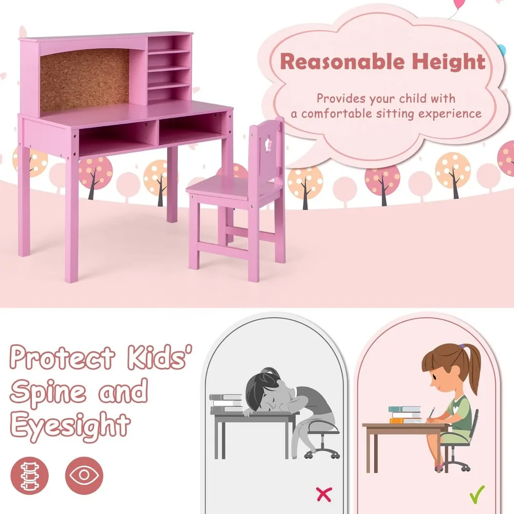 Kids Desk and Chair Set, Wooden Study Desk for Kids with Storage,Hutch, Cork Bulletin Board,Student Writing Computer Workstation 5