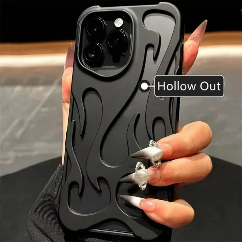Luxury Matte Hollow Out Flame Phone Case For iPhone 16 17 15 14 13 11 12 Pro Max Plus Air Soft Dissipate Heat Bumper  Back Cover