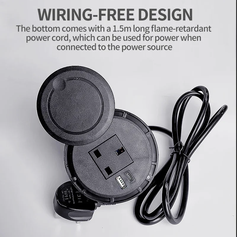 Desktop adapter Multifunctional UK Socket with USB Type-C Recessed Desktop Plug Round Socket
