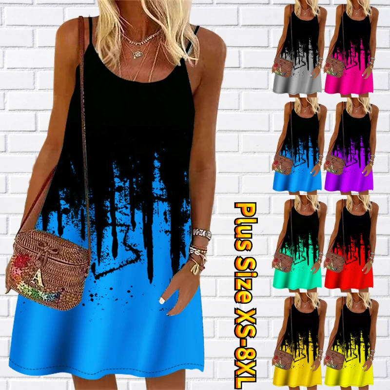 

2023 New Design Print Fashion Women Sexy Off Shoulder Strap Dress Sleeveless Off Back Loose Fit Dress Knee Length Dress Summer