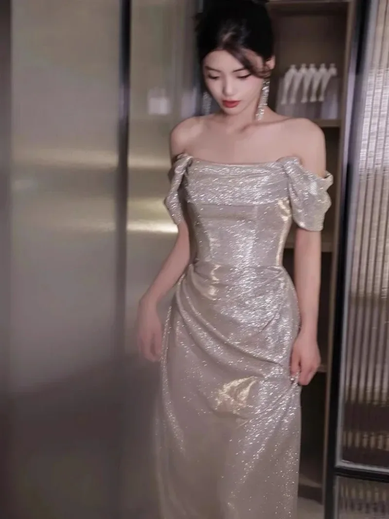 Luxury Ruched Mermaid Sleeveless Sexy Sequins Evening Dress Banquet Light Fishtail Long Host Ceremony Party Prom Gown evening dresses