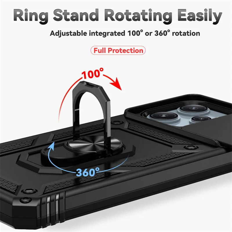 Enhanced Shockproof Armor Phone Case with Ring Holder and Slide Lens Protector for Xiaomi Redmi 12 4G (2023)