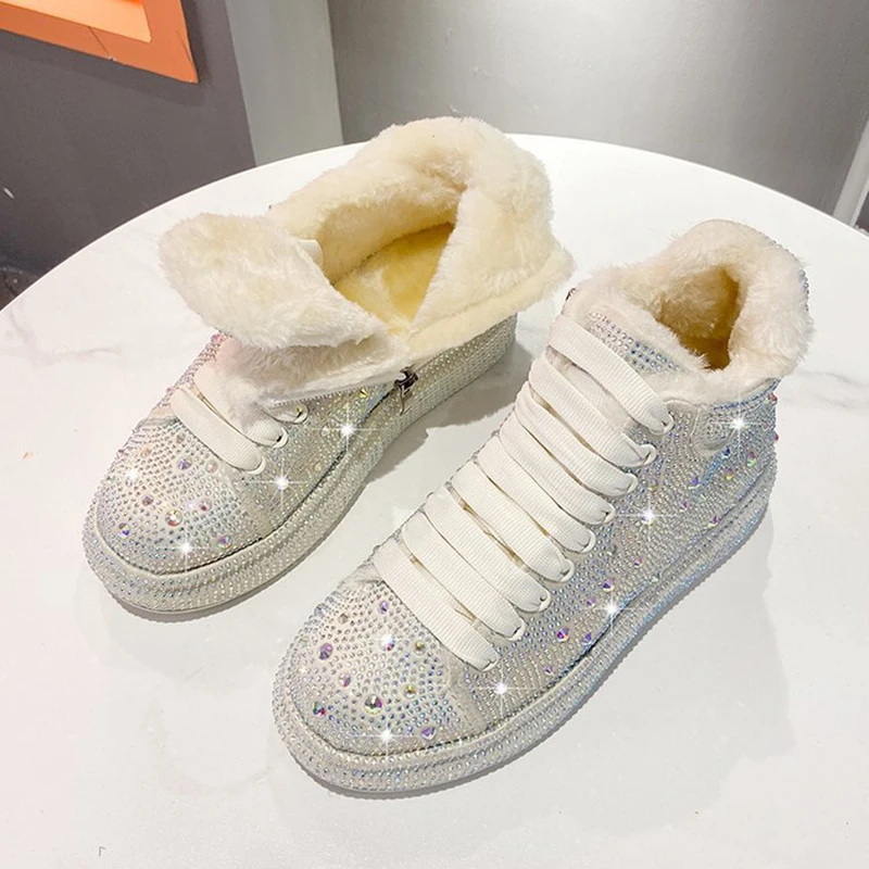 New Rhinestone Women High Top Winter Warm Plush Lined Casual Boots 4.5CM Increased Warmth Waterproof Casual Cotton Shoes 35-40