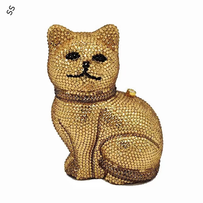 12*15*9CM Animal Cat Design Women's Hard Shell Clutch Bag Hand-inlaid Full Diamond Shoulder-bags for Evening Party