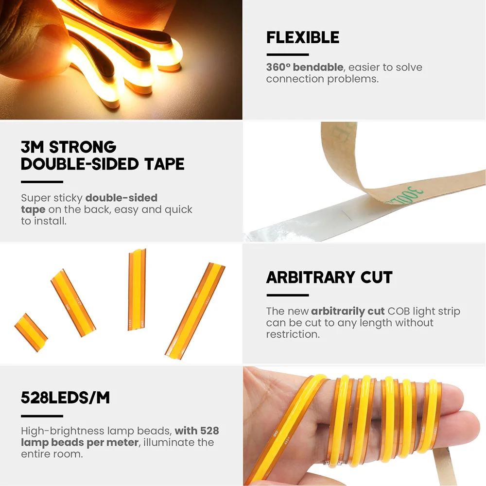 COB LED 스트립 조명 프리 컷 12V 24V 1m 2m 5m 10m 0.5m 유연한 테이프 528LED/M 고밀도 선형 조명 따뜻한/자연 흰색