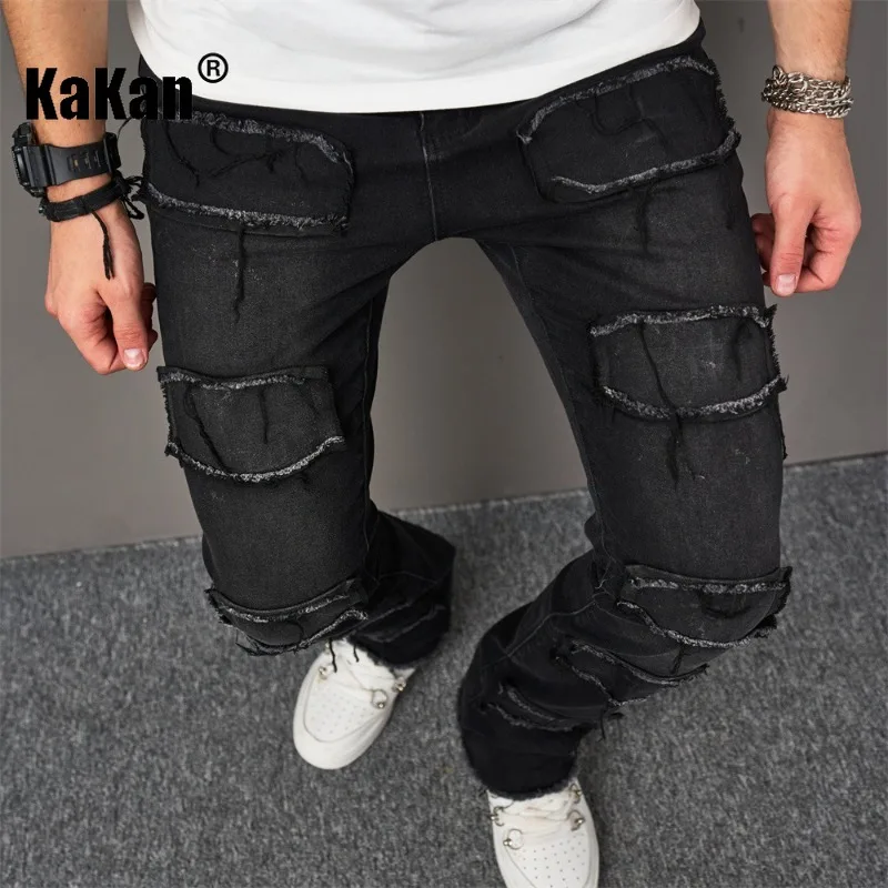 

Kakan - European and American High Street New Straight Leg Jeans, Trendy Patch Slim Fit Elastic Men's Black Jeans K9-1023