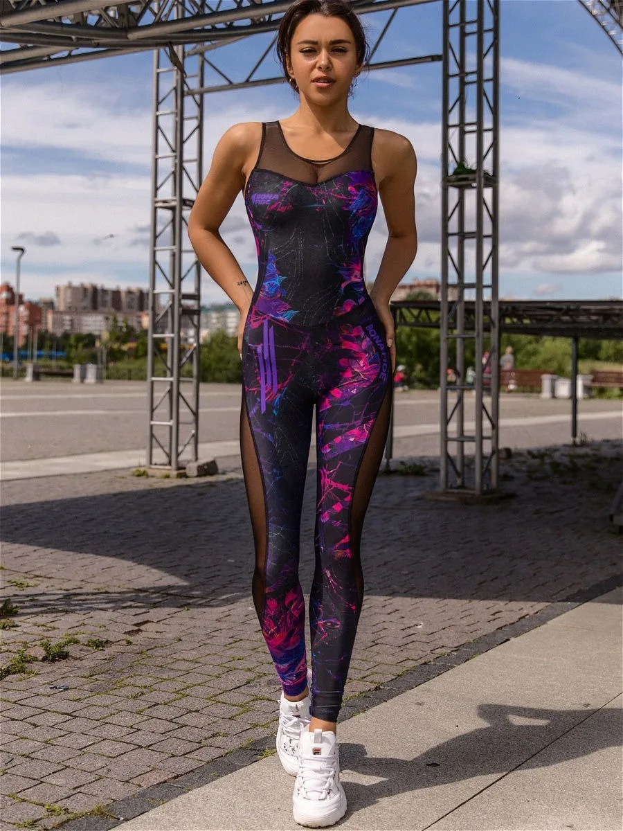 

Uoozee Women Galaxy Outfits Jumpsuit Bodycon Activewear Sexy Backless Mesh Split-Joint Cutout See-through Sportswear