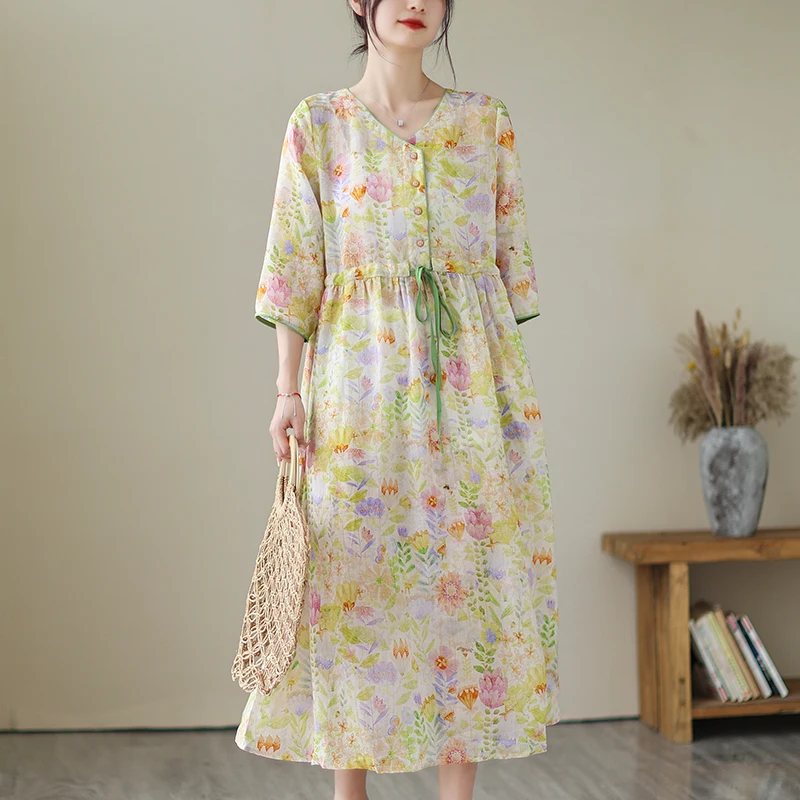 

2023 New Arrival V-neck Patchwork Print Floral Half Sleeve Loose Spring Summer Dress Draw String Fashion Women Casual Midi Dress