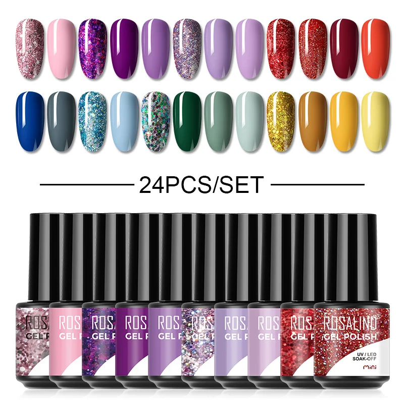 

ROSALIND Nail Gel Polish Set Glitter Semi Permanent Hybrid Gel Varnish Need Lacquer Base Top Coat Nails Art For Nail Polish Kit