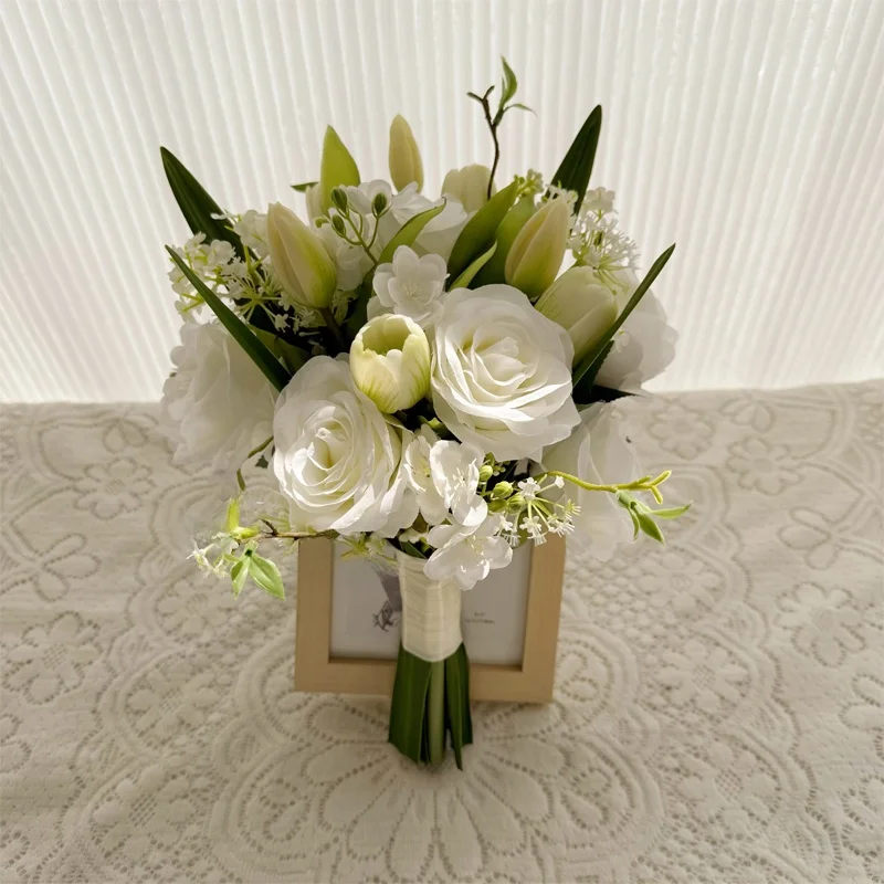 White Rose Artificial Flower Bouquet Korean Sle Fren Bridal Handheld Flower for Wedding Certifie Photoaphy