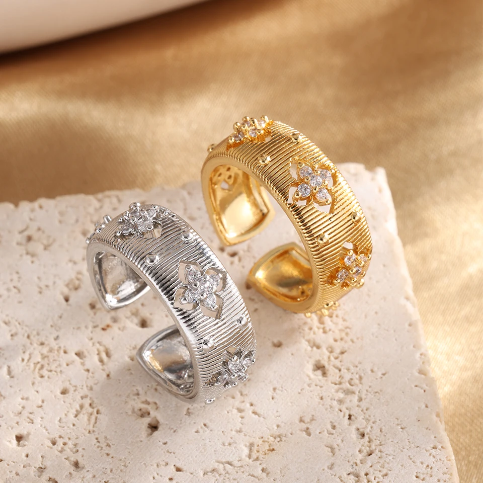 ZAKOL أنيقة أربع أوراق زهرة الزركون حلقة مفتوحة لل...