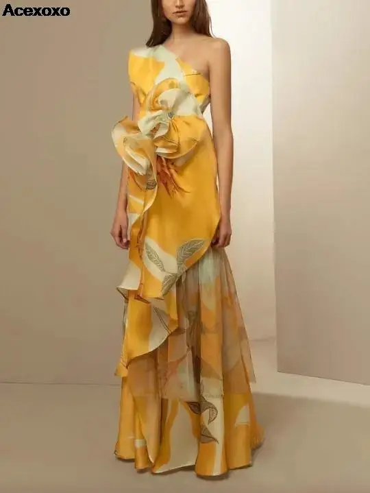 

2023 summer new fashion ladies French style temperament waist casual print oblique shoulder dress