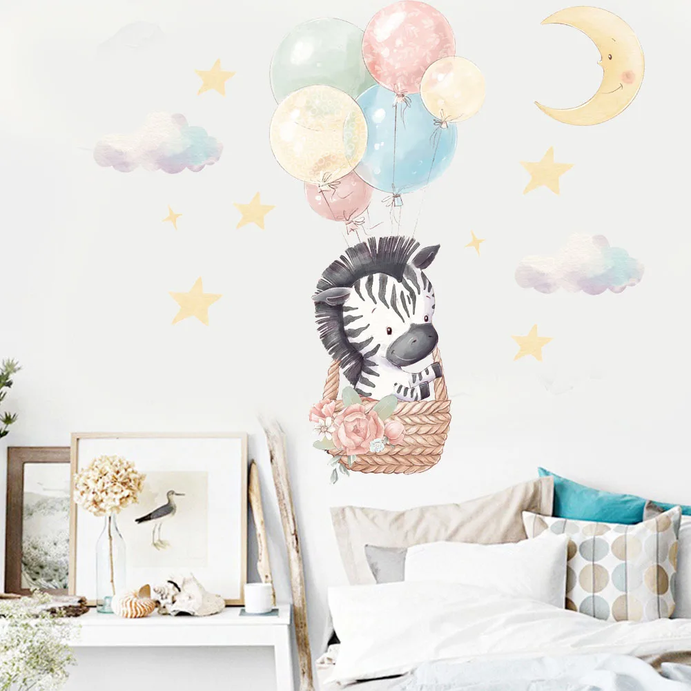 wondever Grote heteluchtballon dieren muurstickers beer olifant vos schil en stok muurkunst stickers voor kinderen baby kinderkamer slaapkamer