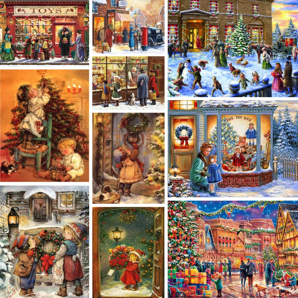 Christmas Landscape Pre-Printed Cross Stitch Complete Kit Embroidery Hobby Handmade Handicraft Knitting Design Home Decor Gift