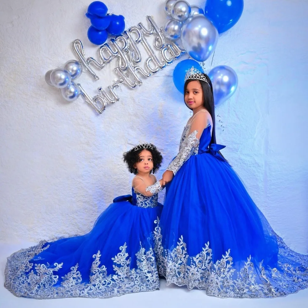 Customized Royal Blue Princess Flower Girl Dress for Wedding Lace Appliques Full Sleeve Baby Birthday Dress First Communion Gown 2