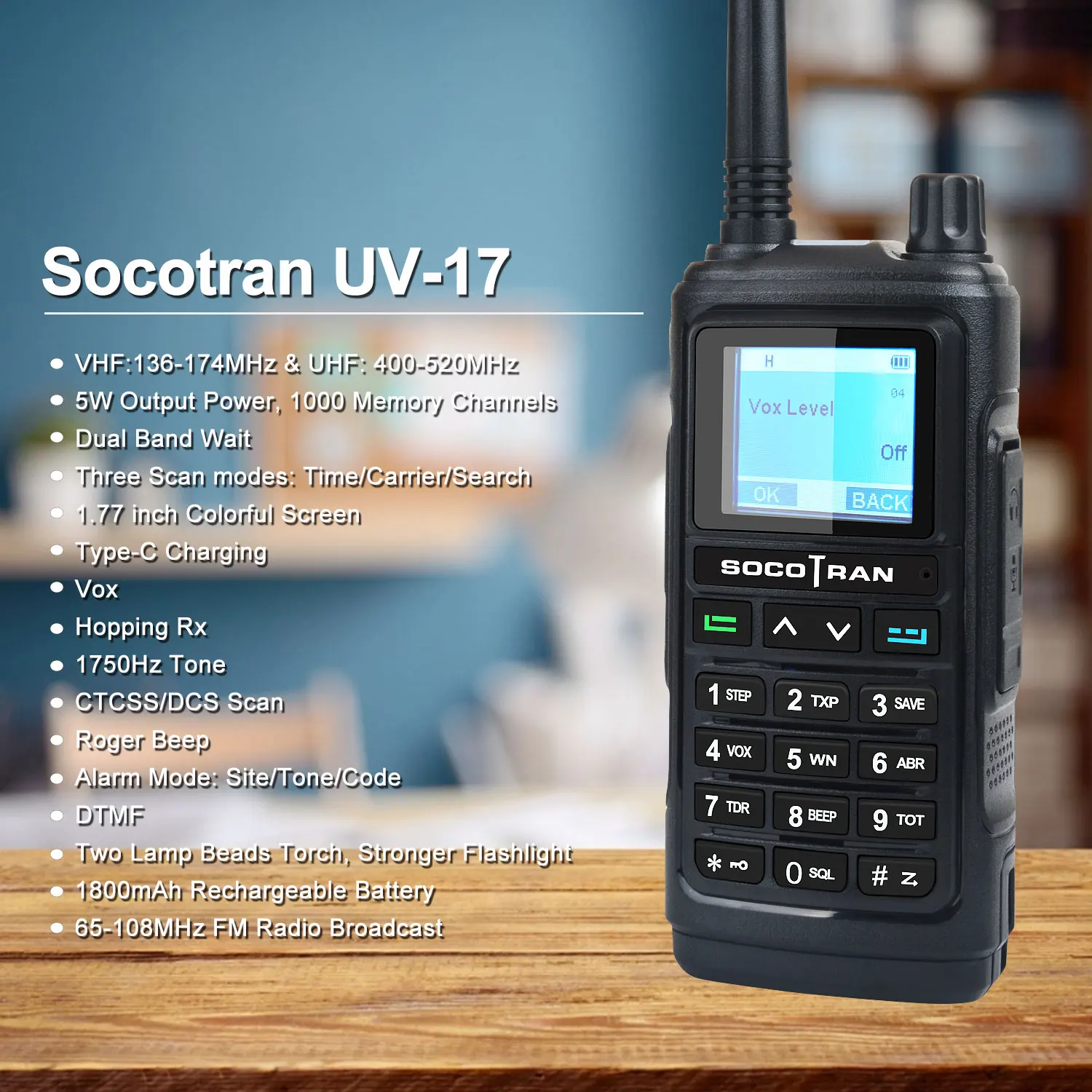 SocoTranDualBandUV17VHF136174MHzUHF400520MHz1000CH5WWalkie