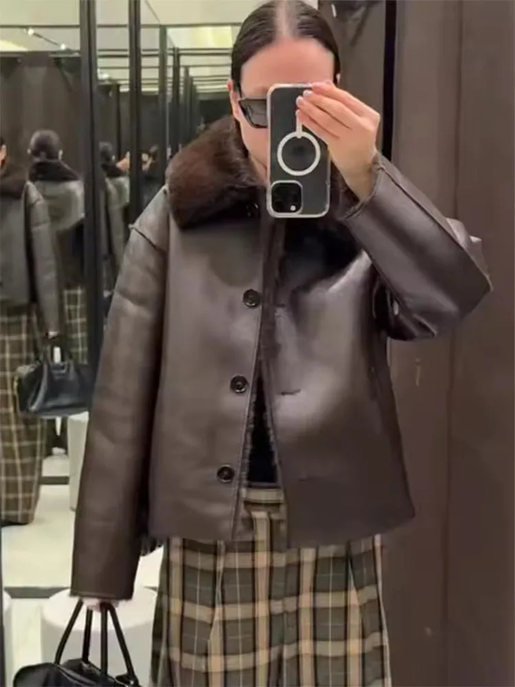 Women Faux Leacher Jacket Long Sleeve Double-Sided Wear Fleece Warm Short Coat Causal Autumn Winter Streetwear New Outerwear﻿