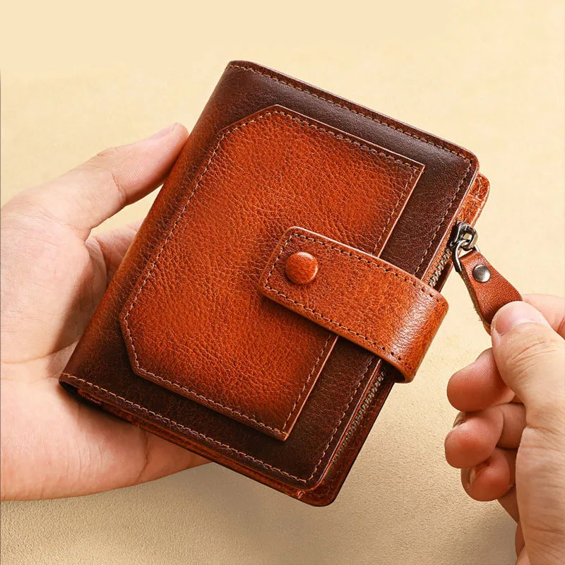 Wallet Men's anti-theft swipe card vertical vintage leather multi-functional zip fastener Men's leather wallet Card bag