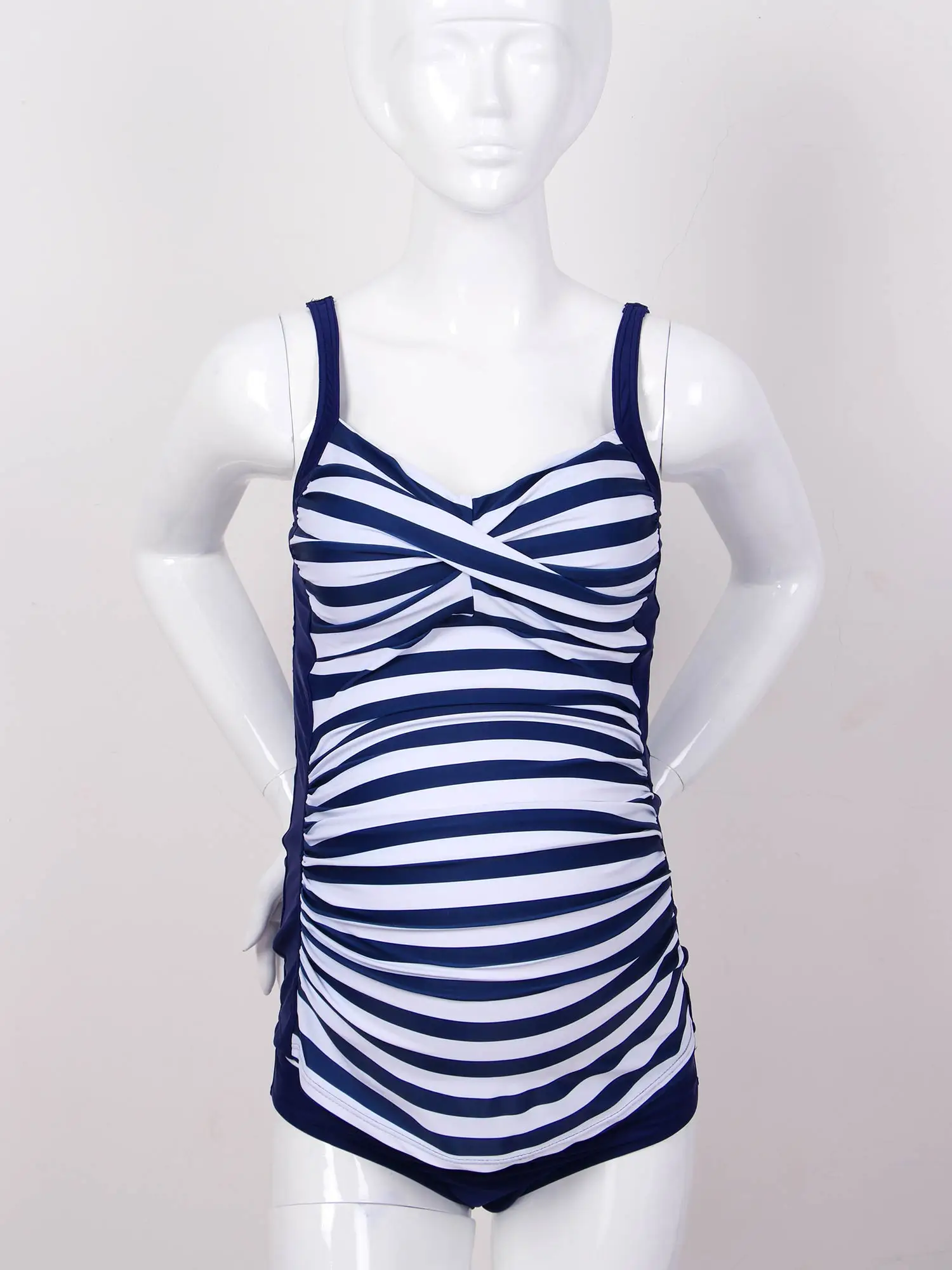 Maternity Sleeveless Stripe Swimwear Bodysuit with Briefs Pregnant Women Adjustable Straps Removable Chest Padded Swimsuit
