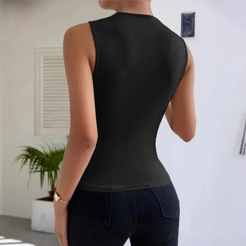 Women's Casual Pleated Design Top Fashion Street Style Solid Color Slim Half High Neck Sleeveless T-Shirt Top