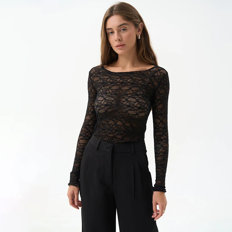 CUTENOVA Lace Women'S Tops Hollow Out Basic Casual Elegant Long Sleeve Tops See-Through Party For Sexy Lady Fashion Street Tops 3