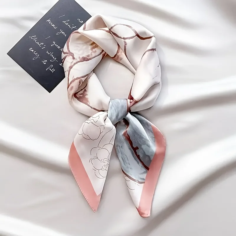 27.5" Flower Print Square Scarf Simulated Silk Thin Smooth Neck Scarf Elegant Style Sunscreen Head Wrap For Women