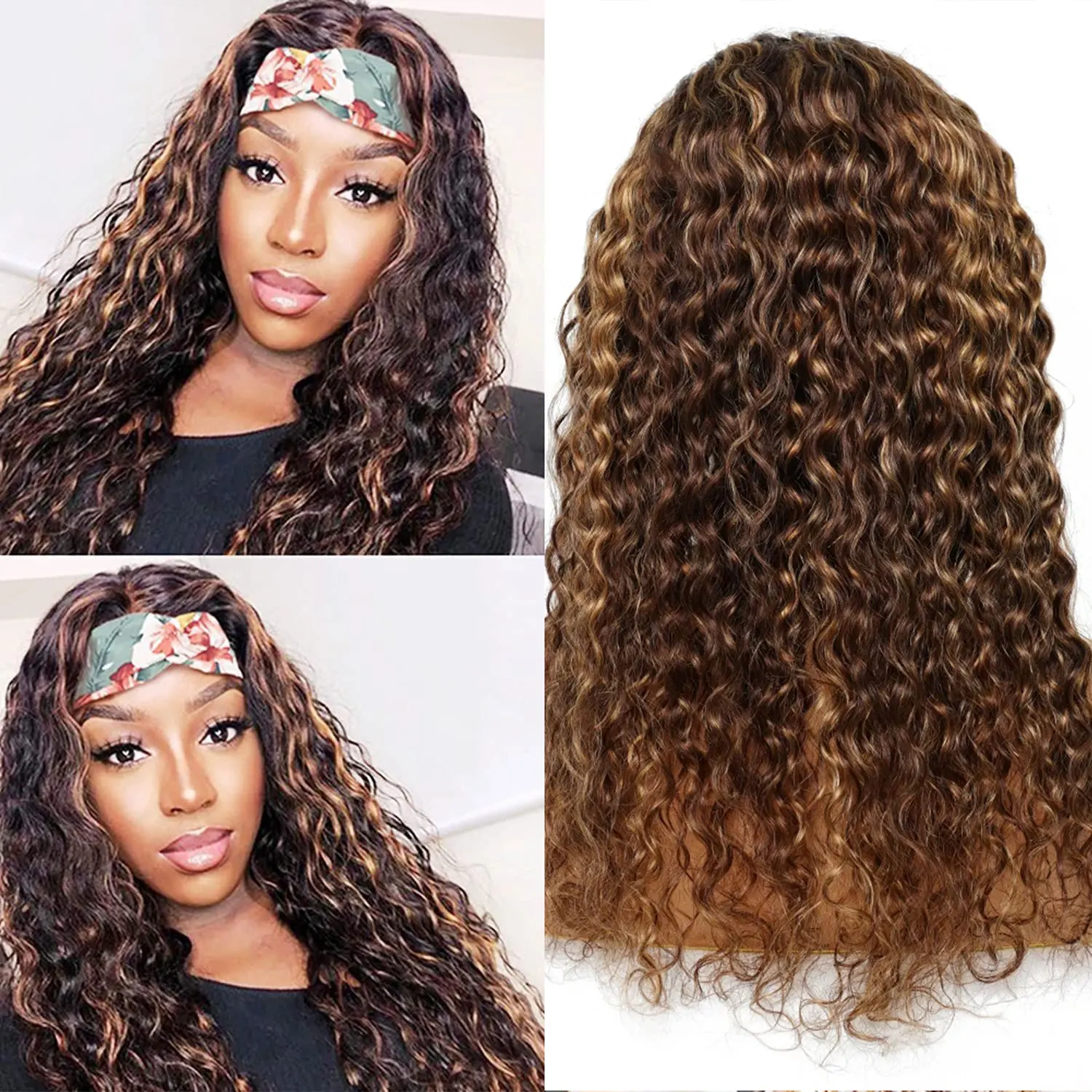 Highlight Headband Wig Water Wave Human Hair Wig Ombre Honey Blonde Headband Human Hair Brazilian Remy Scarf