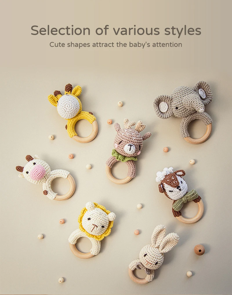 Bopoobo 1pc Baby Rattles Crochet Bunny Rattle Toy Wood Ring Baby Teether Rodent Baby Gym Mobile Rattles Newborn Educational Toys