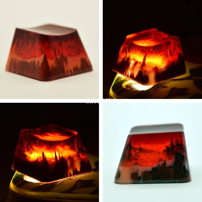 Nova Artesanal Backlight Resina Keycaps para Cherry mx Interruptor Teclado Mecânico Oem r4 Luminosa Neve Montanha Selva Bonés de Madeira Chave - Imagem 3