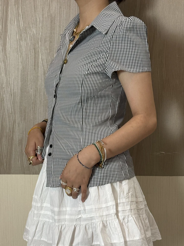 Stylish Women Plaid Short Sleeve Blouse