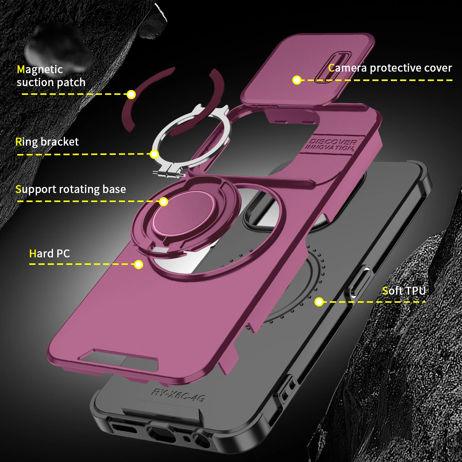 Magnetic Metal Ring Stand Armor Case with Slide Window Lens Protection