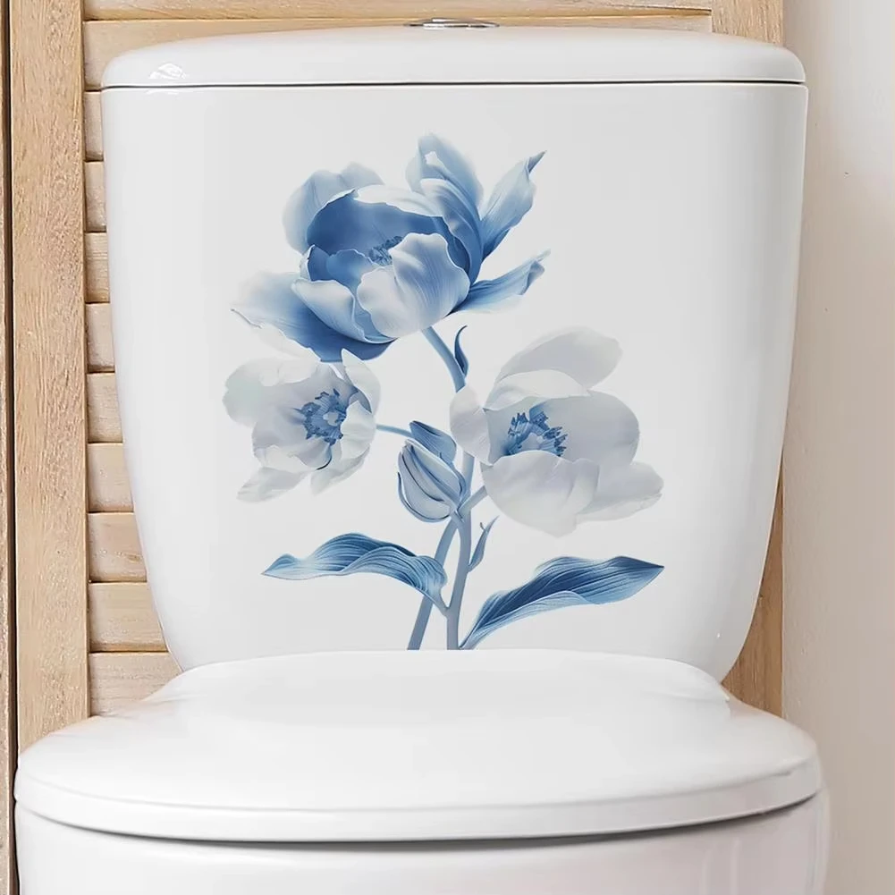 Easy to Peel Toilet Sticker Blue Flower Toilet Sticker Waterproof Pvc Wall Art Decal for Bathroom Room Removable Self-adhes F18