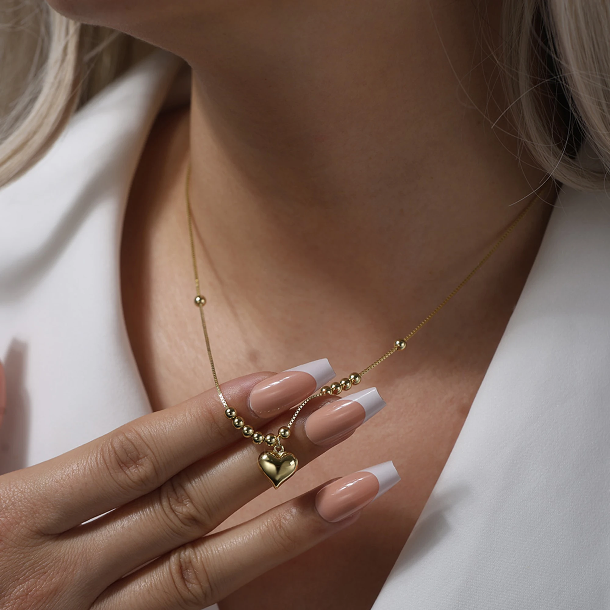 925 Silver Heart Pendant Necklace – 14K Gold Plated with Dainty Snake Chain & Sparkling Beads