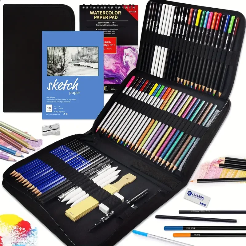 

75 Pcs Drawing Set Pro Art Supplies Watercolor, Colored, Graphite, Charcoal, Metallic Pencil, fIdeal for Artists, and Beginners