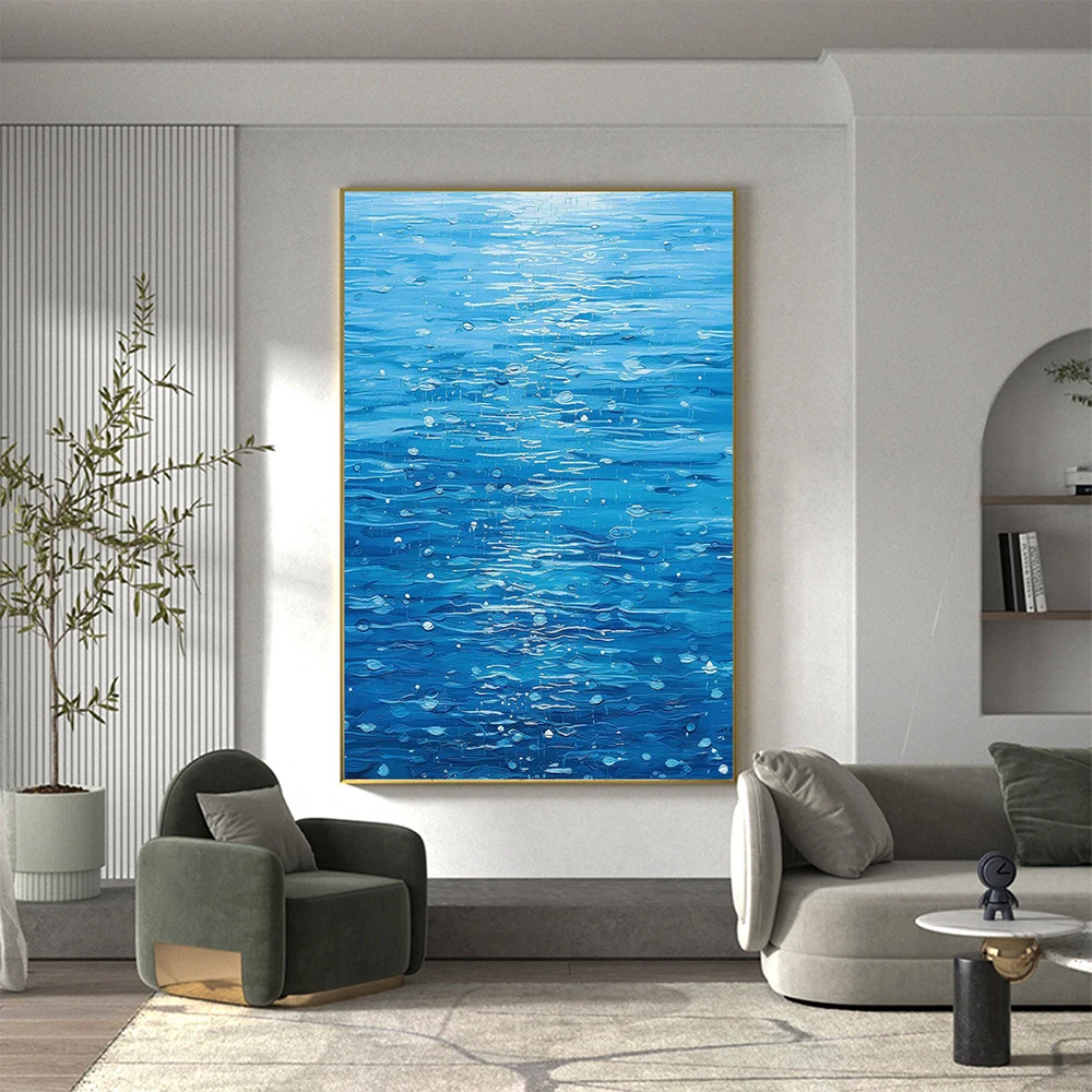 

Abstract Water Surface Oil Painting Original Seascape Painting Rain Scene Wall Decor Bedroom Home Decor Large Blue Wall Art
