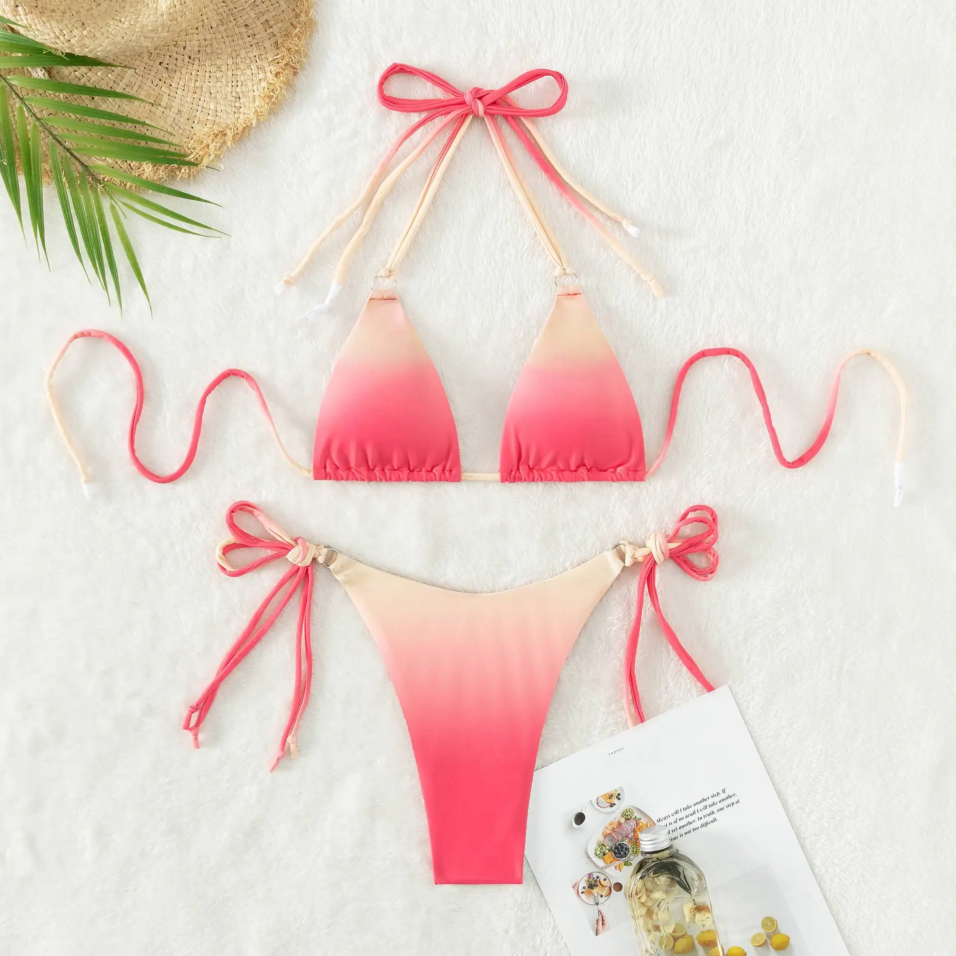 Sexy Halter Tie Dye Mini Micro Thong Swimsuit Female Bikini Women Swimwear Two-piece Bikini set Padded Bather Bathing Suit ﻿