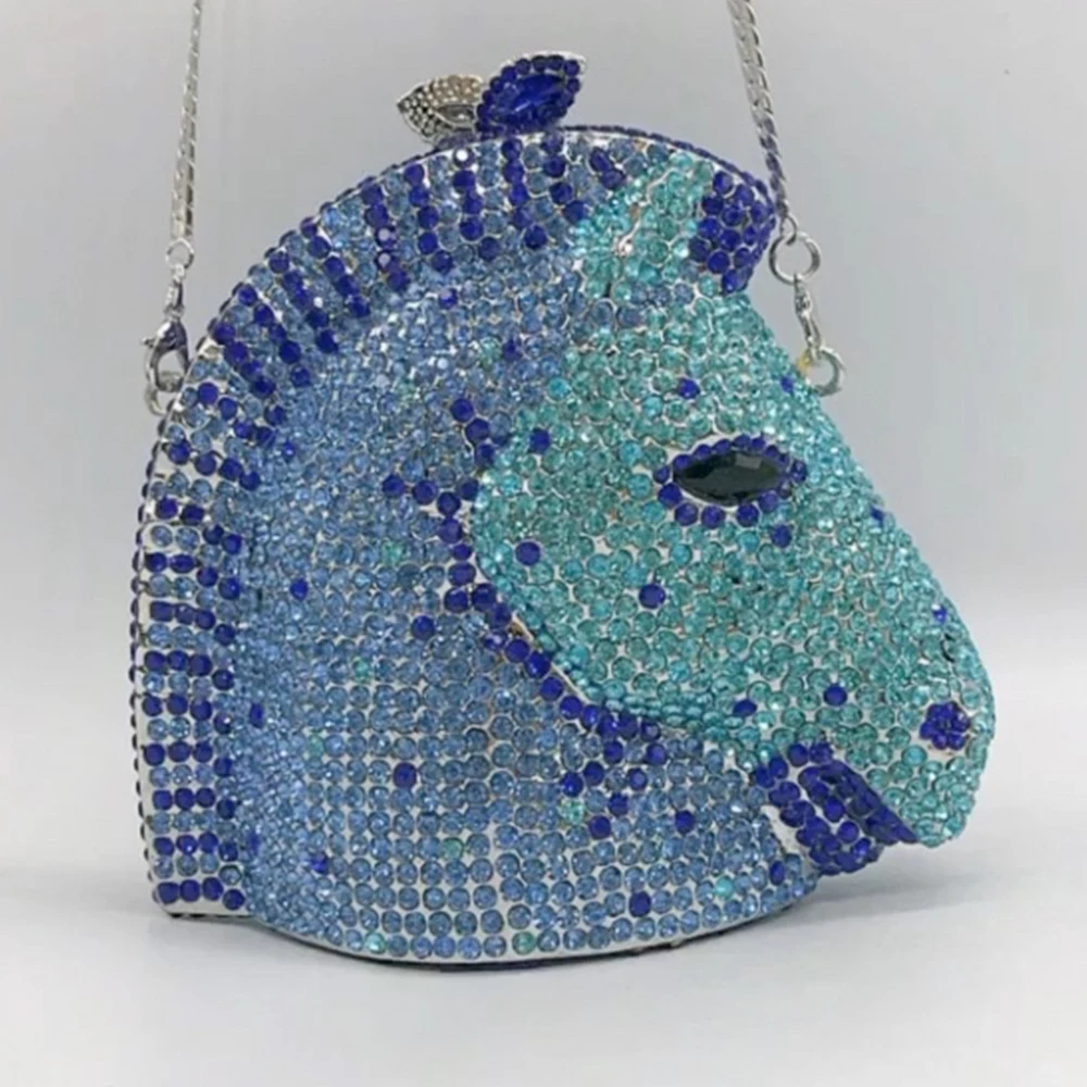 Horse Heed Women Crystal Evening Bag Ladies Diamond Clutch Bags Blue Rhinestone Prom Frizioni New Lady Tote Pochette Purse
