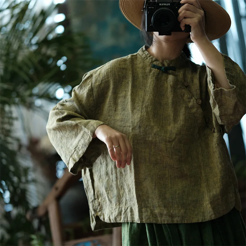 

Рубашка в китайском стиле из хлопка и льна на пуговицах, винтажные женские топы на весну и осень, новые свободные ретро рубашки из рами с длинным рукавом для женщин, 2024